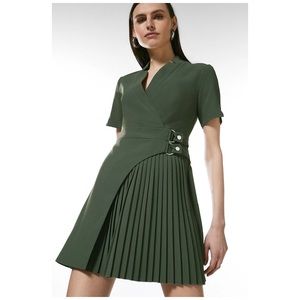 Karen Millen Military Pleat Notch Neck Wrap Mini Dress in khaki